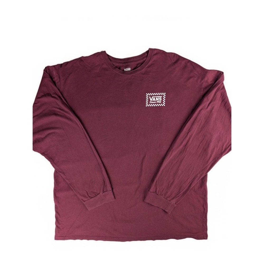 Vans Mens XXL Long Sleeve T-Shirt Burgundy Maroon Checkered Logo Graphic Tee